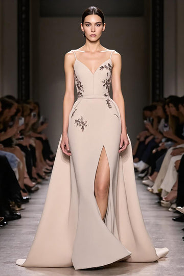 Champagne A Line Appliqued Long Formal Dress with Slit